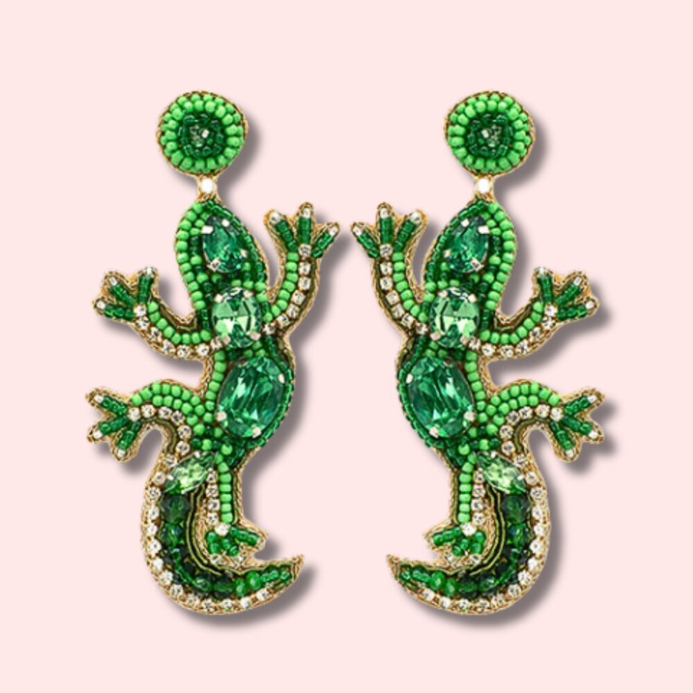 Green Pet Lizard Gecko Beaded Crystal Rhinestone Statement Earrings